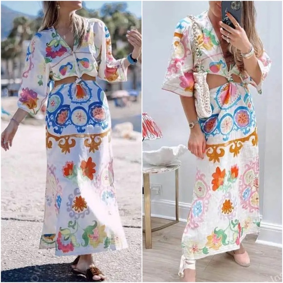 Boho Floral Tropical Print Cut out Short Sleeve Dress - Picture 7 of 7